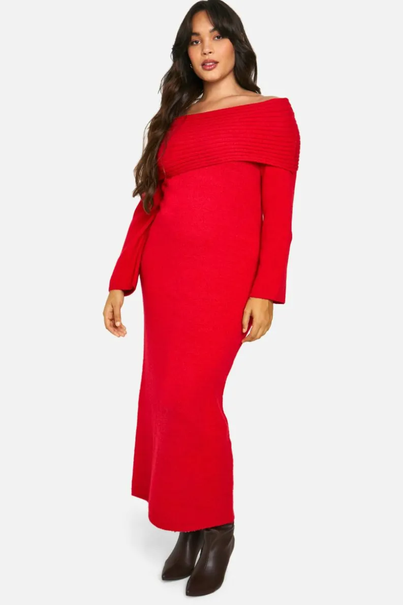 Jumper Dresses|Jumper Dresses*boohoo Plus Premium Oversized Rib Bardot Neckline Soft Knit Jumper Dress red
