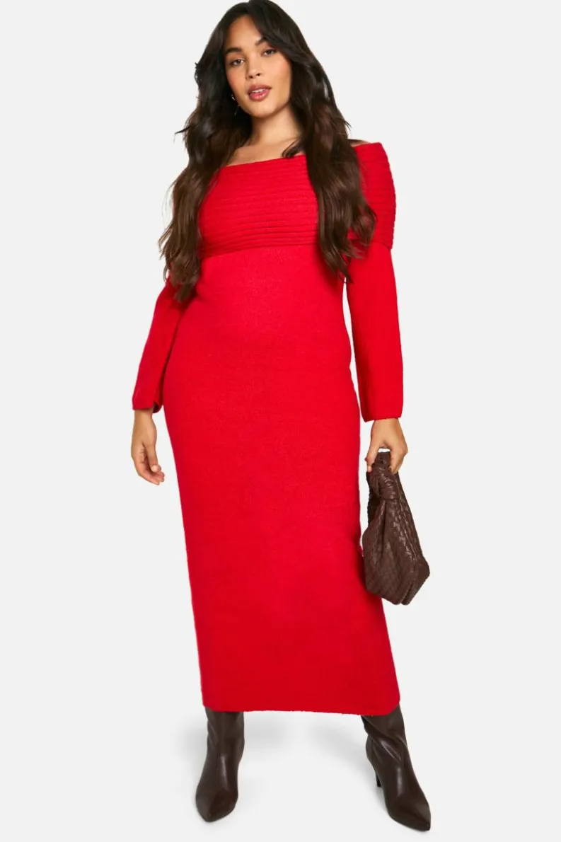 Jumper Dresses|Jumper Dresses*boohoo Plus Premium Oversized Rib Bardot Neckline Soft Knit Jumper Dress red