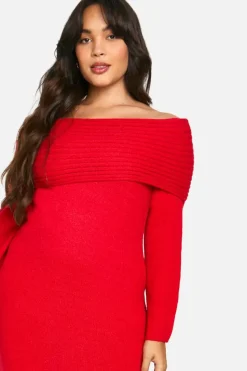 Jumper Dresses|Jumper Dresses*boohoo Plus Premium Oversized Rib Bardot Neckline Soft Knit Jumper Dress red