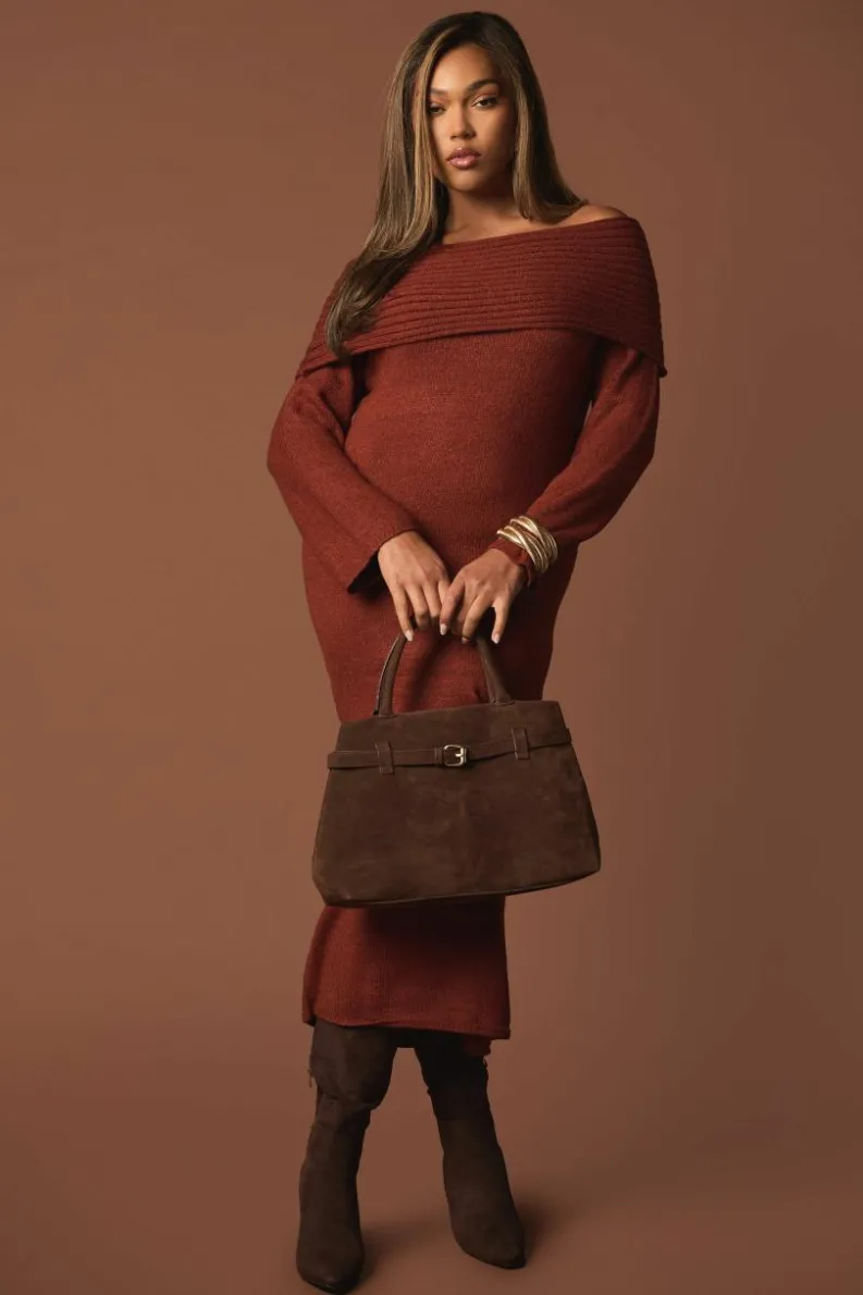 Jumper Dresses|Jumper Dresses*boohoo Plus Premium Oversized Rib Bardot Neckline Soft Knit Jumper Dress chocolate