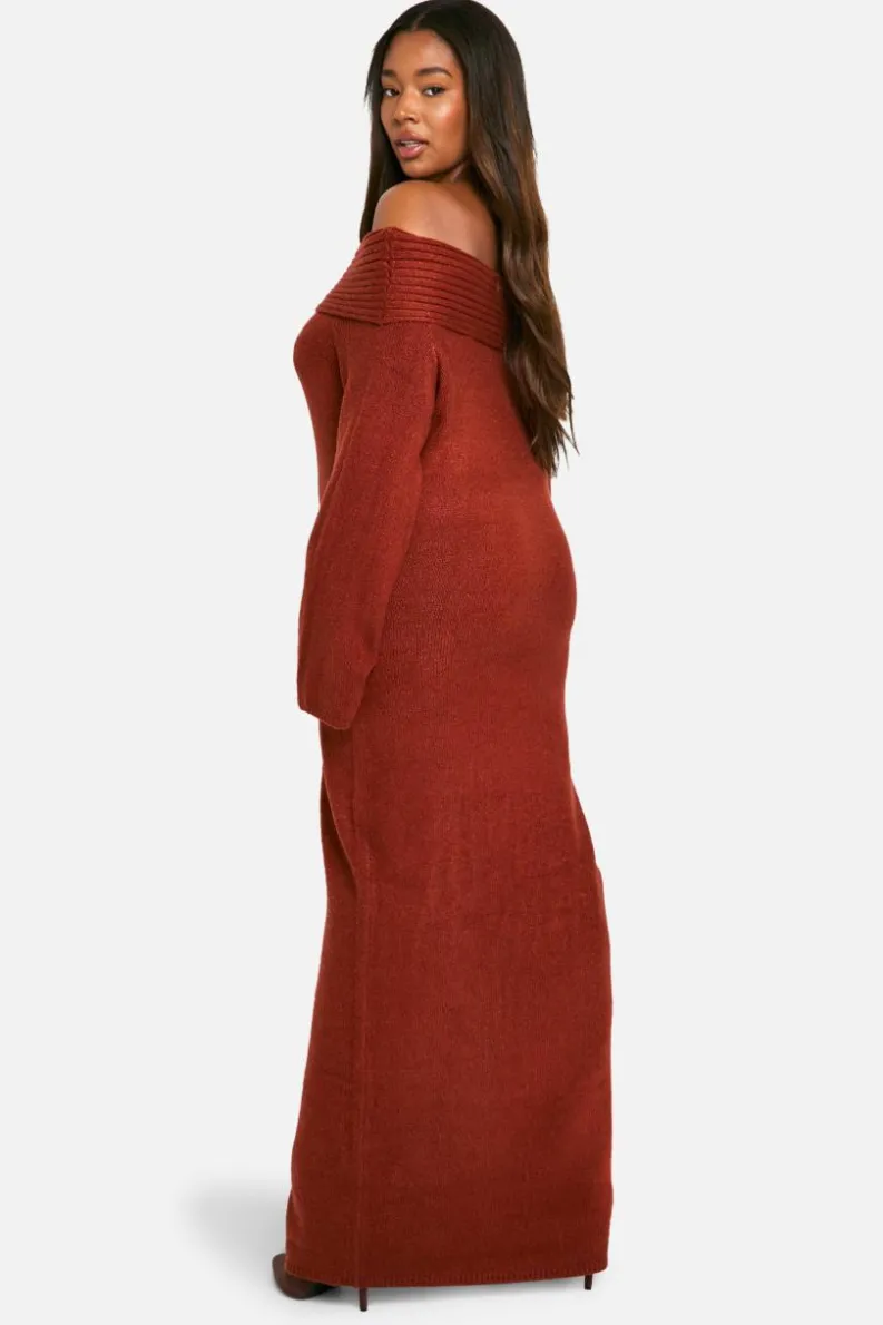 Jumper Dresses|Jumper Dresses*boohoo Plus Premium Oversized Rib Bardot Neckline Soft Knit Jumper Dress chocolate