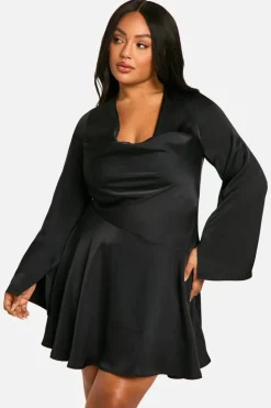 Skater Dresses*boohoo Plus Premium Satin Cowl Neck Skater Dress black