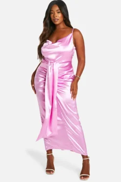Cami Dresses*boohoo Plus Premium Satin Cowl Ruched Drape Detail Cami Maxi Dress baby pink