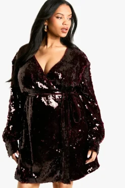 Wrap Dresses|Mini Dresses*boohoo Plus Premium Sequin Wrap Dress malbec