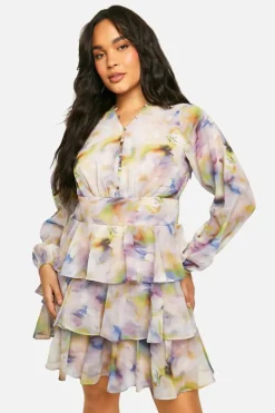 Skater Dresses*boohoo Plus Printed Chiffon Ruffle Skater Dress multi