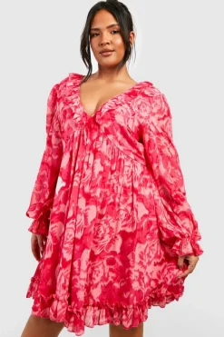 Smock Dresses|Wrap Dresses*boohoo Plus Printed Chiffon Wrap Smock Dress pink