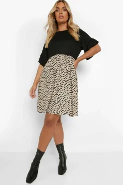 Smock Dresses*boohoo Plus Printed Contrast Sleeve Smock Dress stone