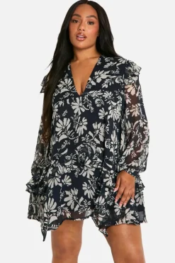 Skater Dresses|Mini Dresses*boohoo Plus Printed Crinkle Chiffon Ruffle Smock Dress black