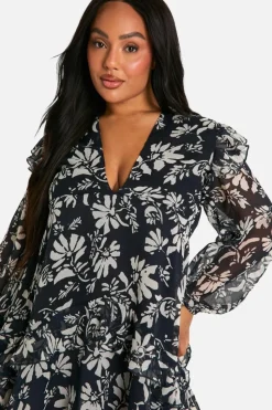 Skater Dresses|Mini Dresses*boohoo Plus Printed Crinkle Chiffon Ruffle Smock Dress black