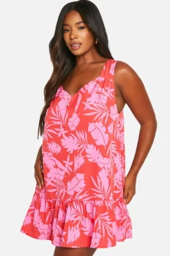 Smock Dresses*boohoo Plus Printed Frill Hem Mini Dress red