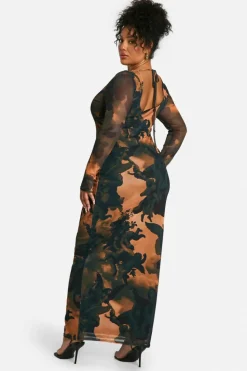 Bodycon Dresses|Maxi Dresses*boohoo Plus Printed Mesh Low Back Maxi Dress multi