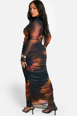 Maxi Dresses*boohoo Plus Printed Mesh Ruched Maxi Dress orange