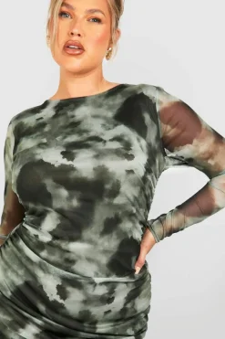 Mini Dresses|Long Sleeve Dresses*boohoo Plus Printed Ruched Bodycon Dress khaki