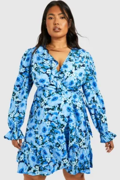 Wrap Dresses*boohoo Plus Printed Ruffle Wrap Dress black