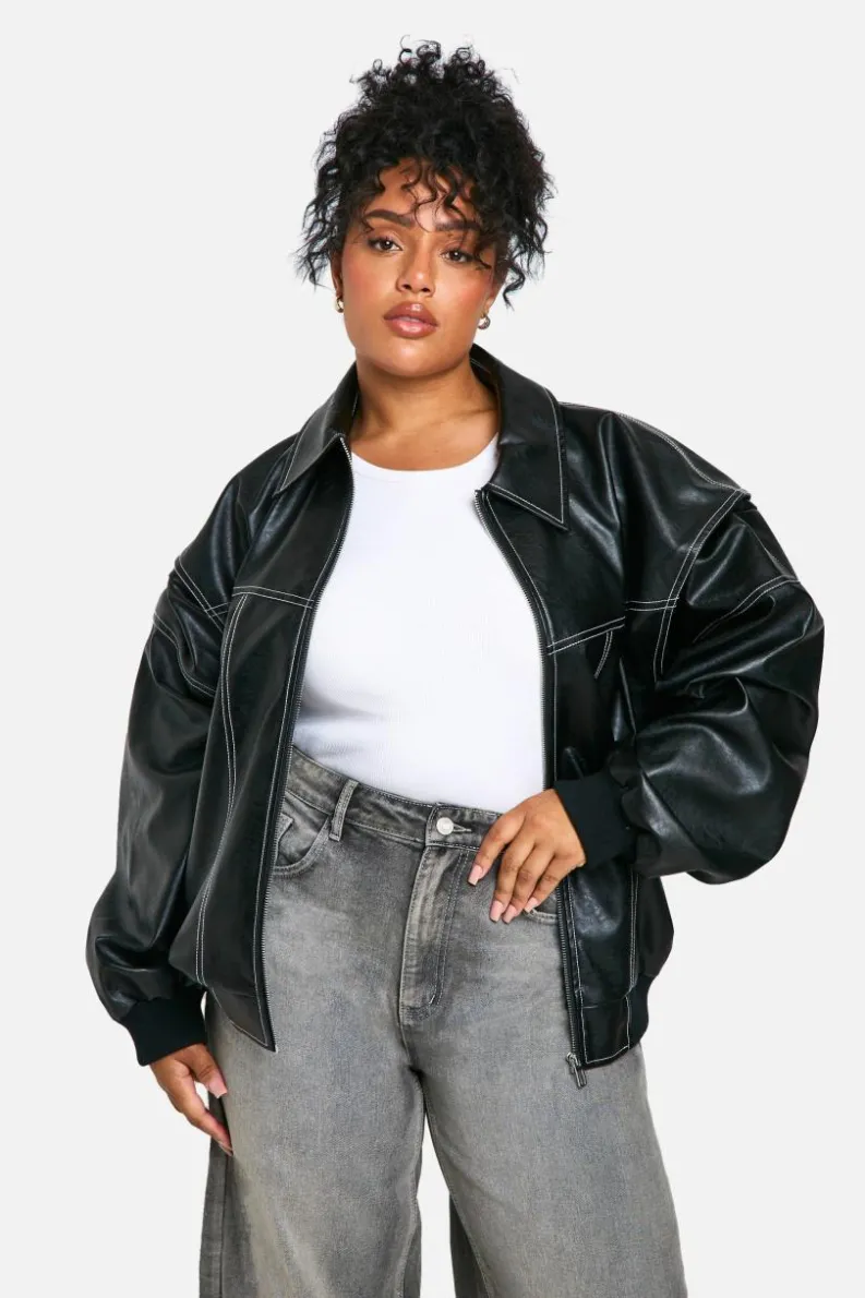 Up To 80% Off Winter Warmers|Bomber Jackets*boohoo Plus Pu Contrast Stitch Oversized Bomber Jacket black
