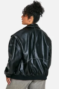 Up To 80% Off Winter Warmers|Bomber Jackets*boohoo Plus Pu Contrast Stitch Oversized Bomber Jacket black