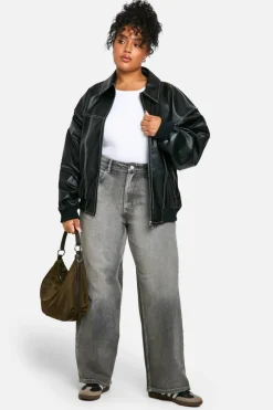 Up To 80% Off Winter Warmers|Bomber Jackets*boohoo Plus Pu Contrast Stitch Oversized Bomber Jacket black