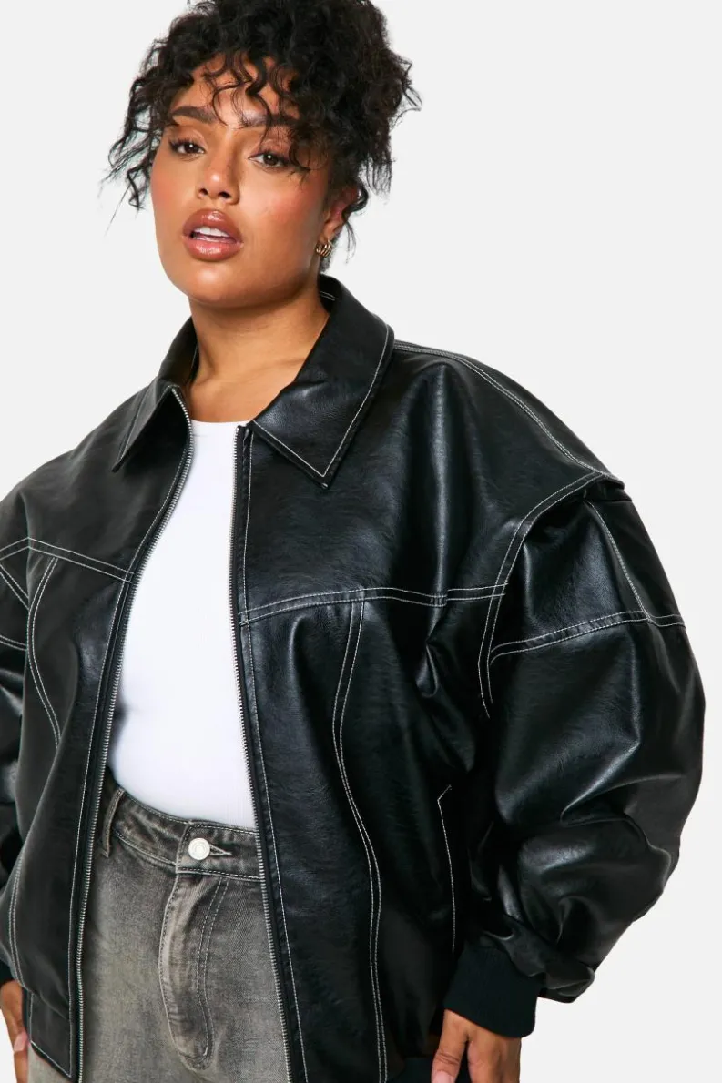 Up To 80% Off Winter Warmers|Bomber Jackets*boohoo Plus Pu Contrast Stitch Oversized Bomber Jacket black