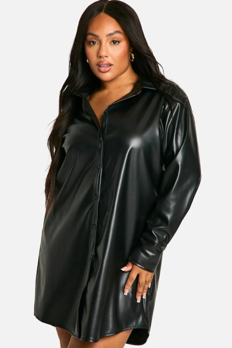 Shirt Dresses*boohoo Plus Pu Pocket Shirt Dress black