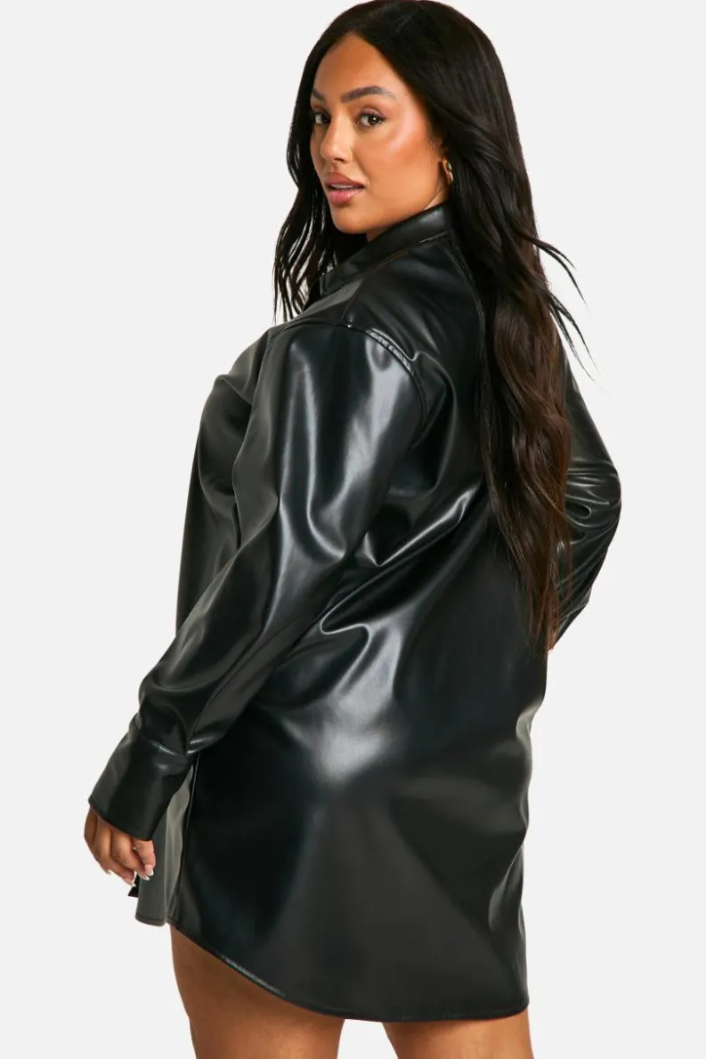 Shirt Dresses*boohoo Plus Pu Pocket Shirt Dress black