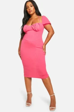 Bodycon Dresses|Midi Dresses*boohoo Plus Puff Sleeve Midi Dress hot pink