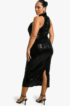 Bodycon Dresses*boohoo Plus Racer Neck Disk Sequin Midaxi Dress black