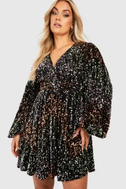 Skater Dresses|Mini Dresses*boohoo Plus Rainbow Sequin Blouson Skater Dress black