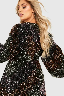 Skater Dresses|Mini Dresses*boohoo Plus Rainbow Sequin Blouson Skater Dress black