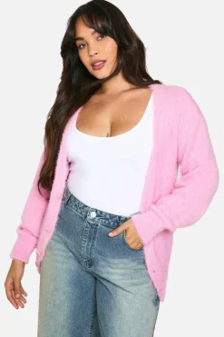 Cardigans|Jumpers & Cardigans*boohoo Plus Regular Fit Fluffy Knit Cardigan baby pink