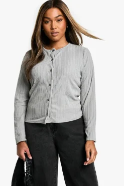 Cardigans*boohoo Plus Rib Button Through Cardi grey
