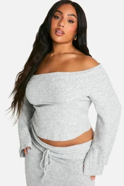 Jumpers*boohoo Plus Rib Edge Soft Knit Bardot Jumper grey