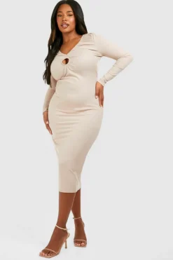 Midi Dresses*boohoo Plus Rib Key Hole Detail Long Sleeve Midi Dress stone