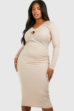 Midi Dresses*boohoo Plus Rib Key Hole Detail Long Sleeve Midi Dress stone