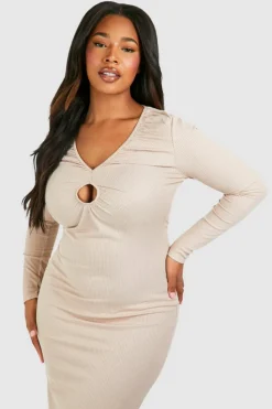Midi Dresses*boohoo Plus Rib Key Hole Detail Long Sleeve Midi Dress stone