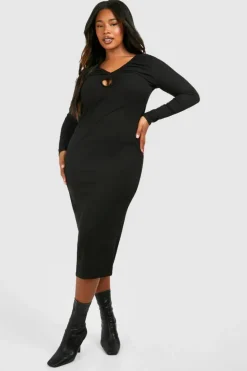 Midi Dresses*boohoo Plus Rib Key Hole Detail Long Sleeve Midi Dress black