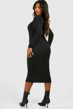 Midi Dresses*boohoo Plus Rib Key Hole Detail Long Sleeve Midi Dress black