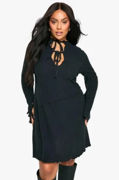 Skater Dresses*boohoo Plus Rib Keyhole Tie Detail Shift Dress black