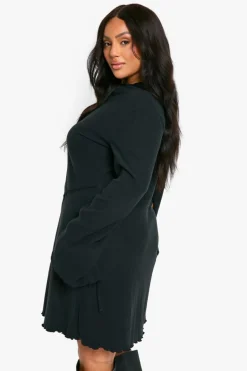 Skater Dresses*boohoo Plus Rib Keyhole Tie Detail Shift Dress black
