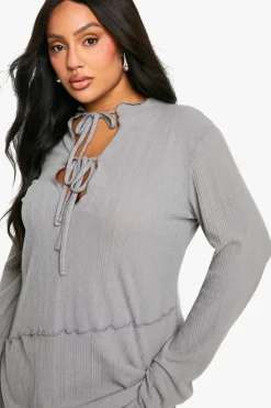 Skater Dresses*boohoo Plus Rib Keyhole Tie Detail Shift Dress grey