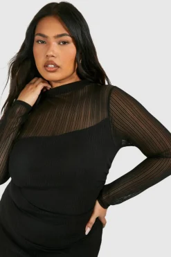 Midi Dresses*boohoo Plus Rib Mesh Long Sleeve Midi Dress black