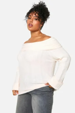 Jumpers|Jumpers & Cardigans*boohoo Plus Rib Neckline Bardot Longline Jumper ecru