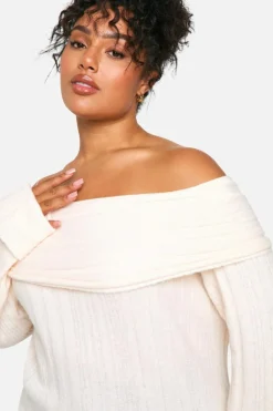 Jumpers|Jumpers & Cardigans*boohoo Plus Rib Neckline Bardot Longline Jumper ecru