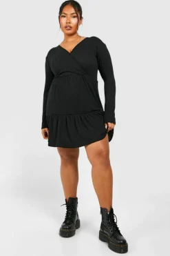 Wrap Dresses*boohoo Plus Ribbed Tiered Wrap Dress black