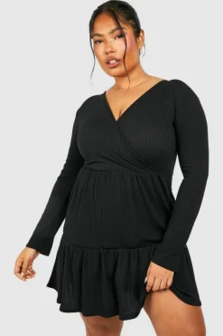 Wrap Dresses*boohoo Plus Ribbed Tiered Wrap Dress black