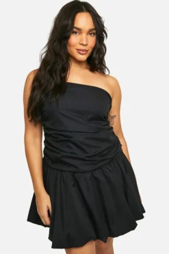 Smock Dresses*boohoo Plus Ruched Bandeau Puff Ball Mini Dress black