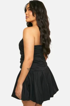 Smock Dresses*boohoo Plus Ruched Bandeau Puff Ball Mini Dress black