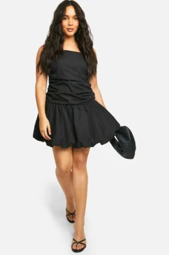 Smock Dresses*boohoo Plus Ruched Bandeau Puff Ball Mini Dress black