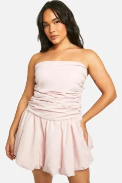 Smock Dresses*boohoo Plus Ruched Bandeau Puff Ball Mini Dress baby pink