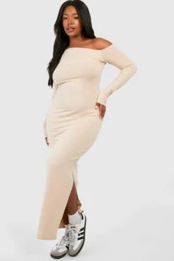 Bodycon Dresses*boohoo Plus Ruched Bardot Long Sleeve Maxi Dress stone