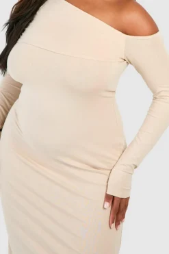 Bodycon Dresses*boohoo Plus Ruched Bardot Long Sleeve Maxi Dress stone